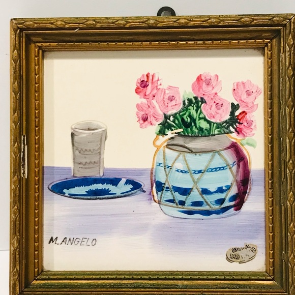 Vintage Hand Painted Ceramic Pair of Decorative Tiles by M. Angelo 5”-5” - Picture 3 of 10